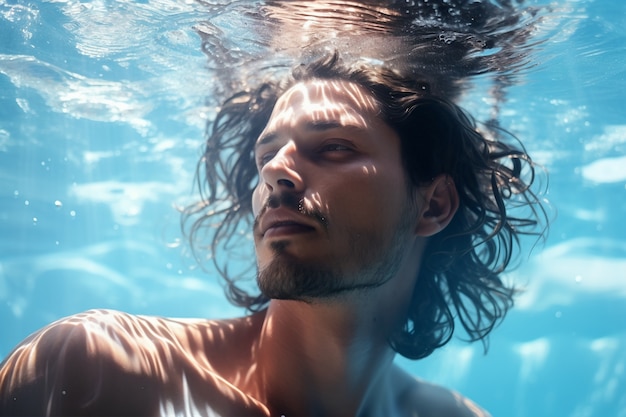 Foto gratuita hombre posando bajo el agua