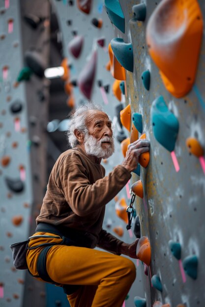 Hombre practicando escalada en roca en la pared de rocas para el deporte