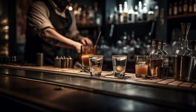 Un hombre preparando cócteles en el mostrador de un bar generado por IA