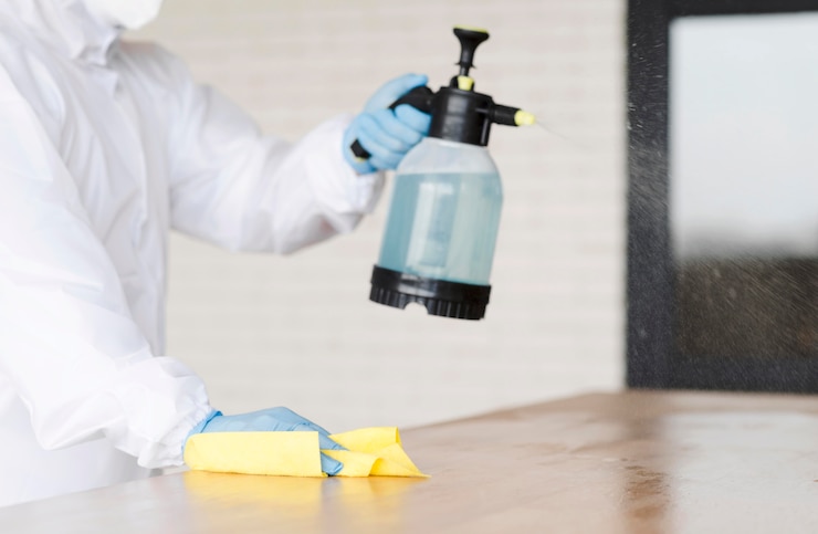 Foto gratuito hombre de primer plano con botella de desinfectante