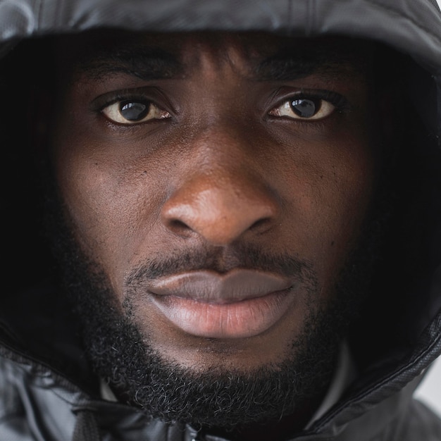 Foto gratuita hombre de primer plano con una sudadera con capucha