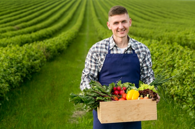 Hombre que sostiene la canasta con verduras