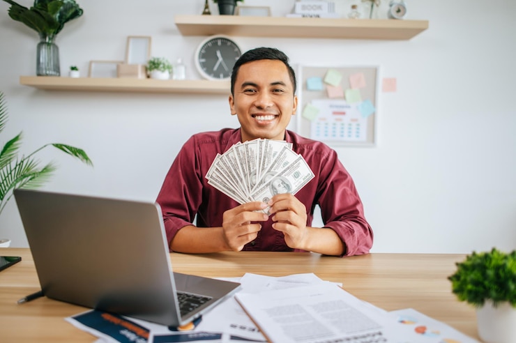 Foto gratuito un hombre que trabaja en una oficina y tiene dinero, con documentos de una computadora portátil sobre el escritorio.