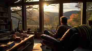 Foto gratuita hombre relajándose con un libro junto a la ventana en una cabaña de madera