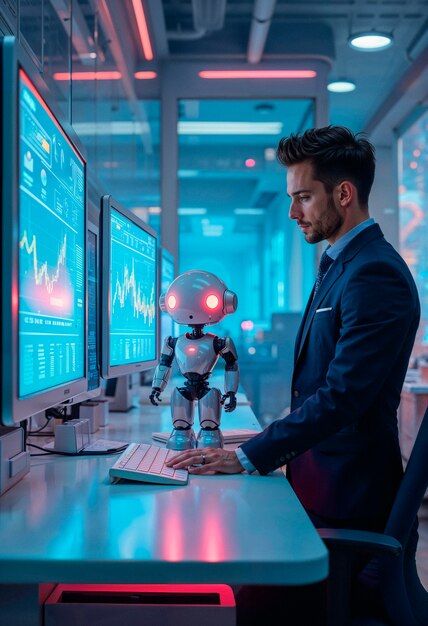 Hombre y robot trabajando en una computadora en una oficina futurista