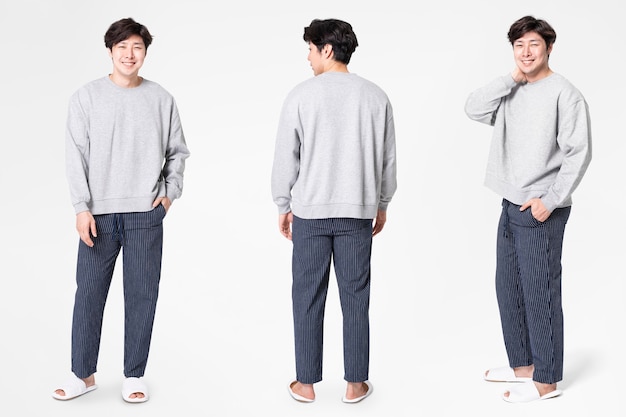 Hombre en ropa de dormir suéter gris y pantalones