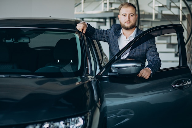 Hombre en la sala de exposición de coches eligiendo un coche