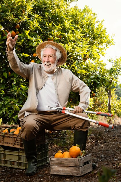 Hombre Senior cultivando naranjas