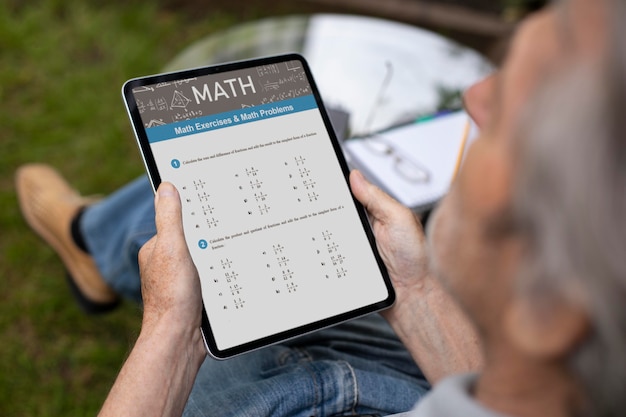 Hombre senior haciendo clases online en una tableta