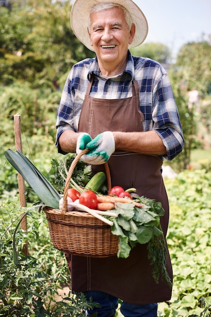 Hombre senior trabajando en el campo con verduras