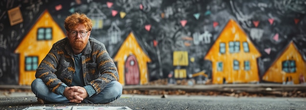 Foto gratuita hombre sentado en la calle con un gran mural detrás