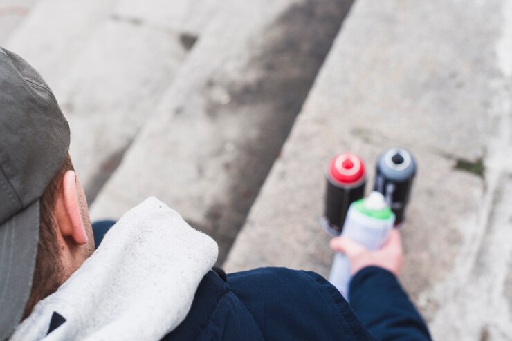 Foto gratuito hombre sentado en pasos sosteniendo la botella de spray