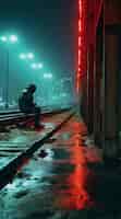 Foto gratuita hombre sentado en las vías del tren en la ciudad por la noche