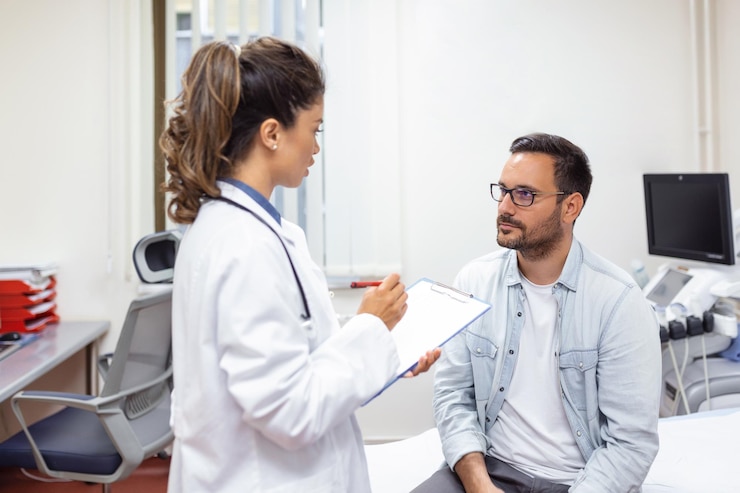 Foto gratuito un hombre serio consultando a una joven médica en una reunión de control en el hospital. médico general calificado que da consejos médicos de salud al paciente.