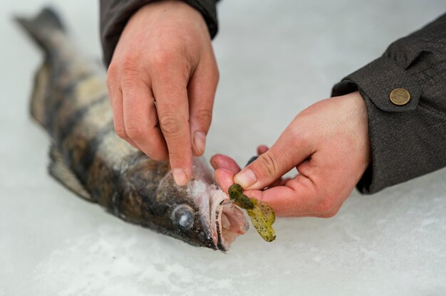 Hombre soltando el pescado del cebo de la caña