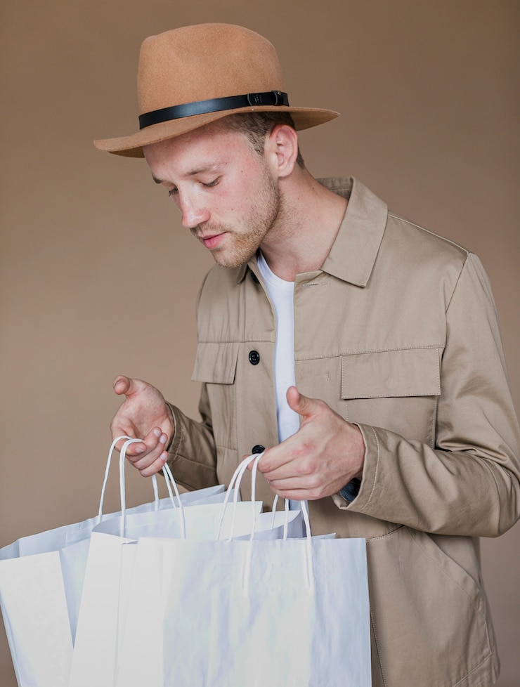 Foto gratuito hombre con sombrero marrón mirando en bolsas de compras