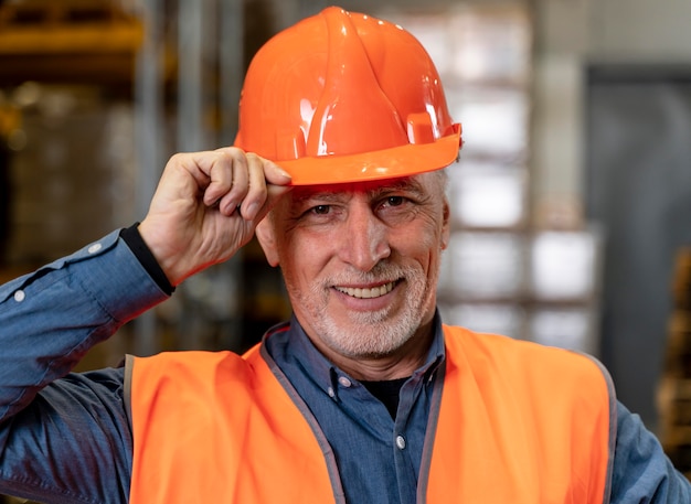 Hombre sonriente con casco en almacén