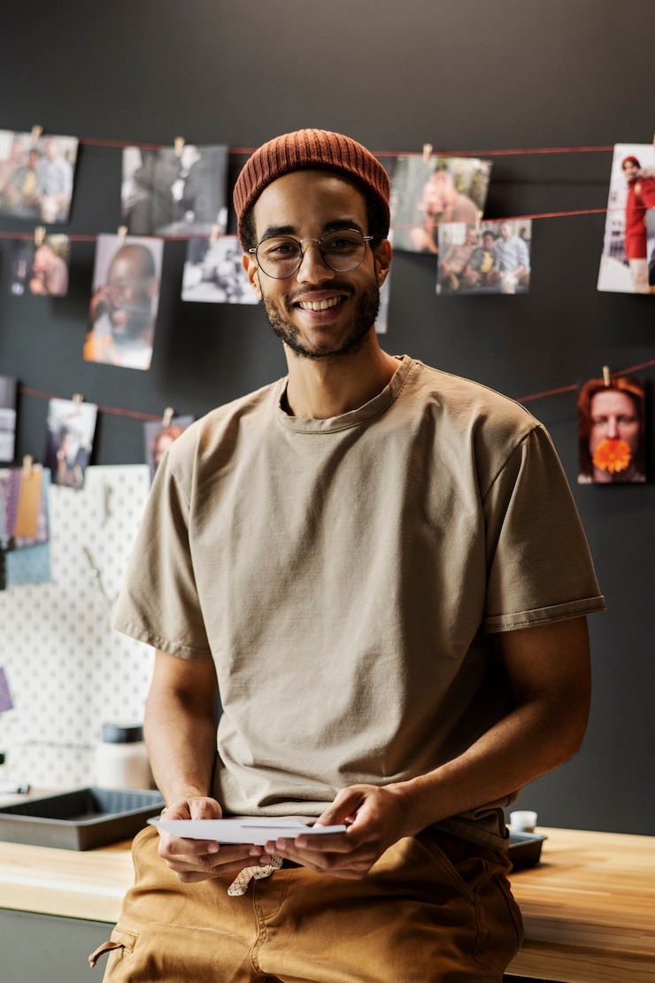 Foto gratuito el hombre sonriente en el cuarto oscuro