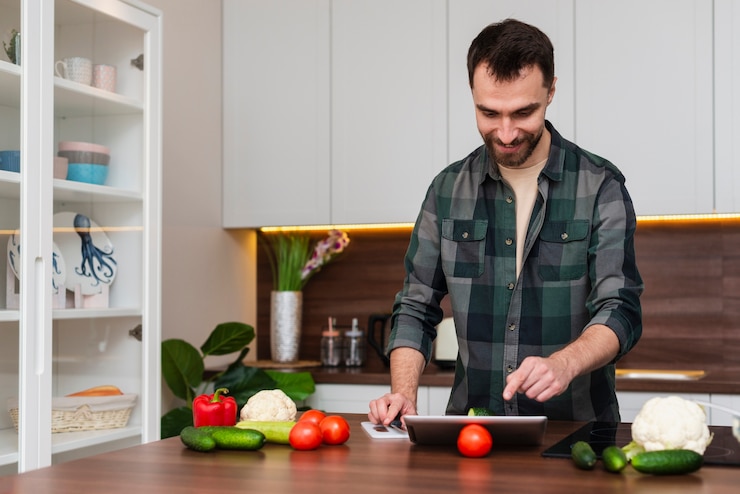 Foto gratuito hombre sonriente que mira en la tableta en cocina