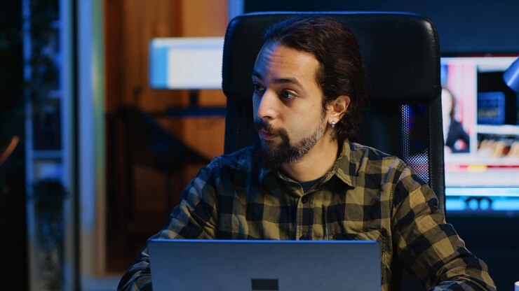 Foto gratuito hombre sonriente sentado en el escritorio de la oficina de casa y escribiendo en el teclado de la computadora portátil