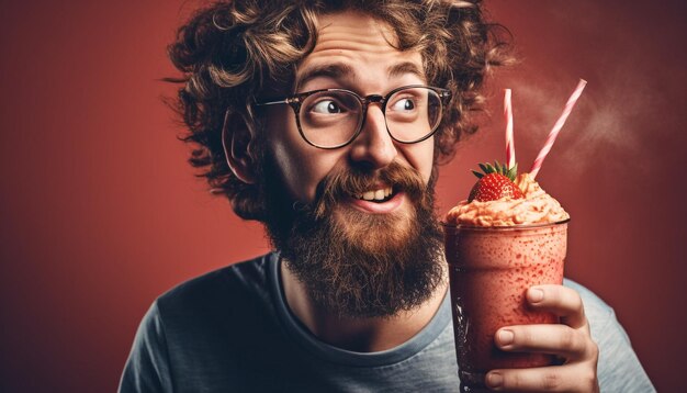 Hombre sonriente sostiene postre bebe batido de fresa generado por IA