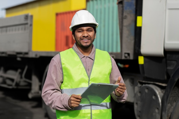 Hombre sonriente de tiro medio con casco