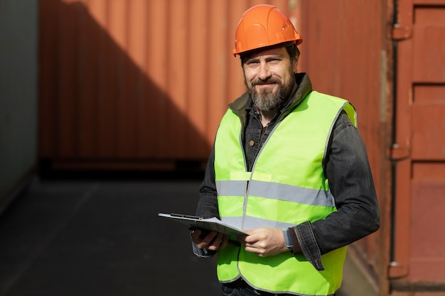 Hombre sonriente de tiro medio con casco