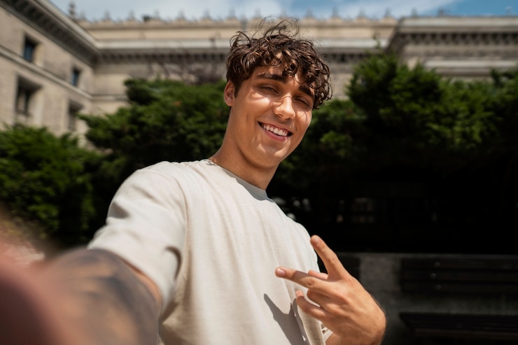 Foto gratuito hombre sonriente de tiro medio tomando selfie al aire libre