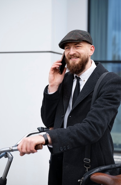 Hombre sonriente de vista lateral hablando por teléfono