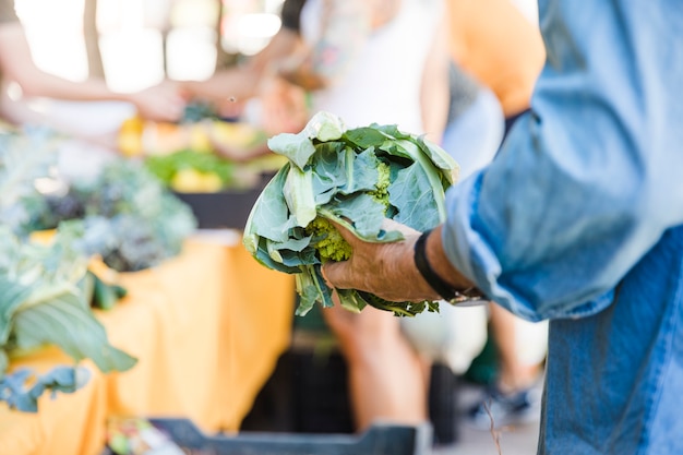 Hombre sosteniendo brassica romanesco mientras compra verduras en mercado