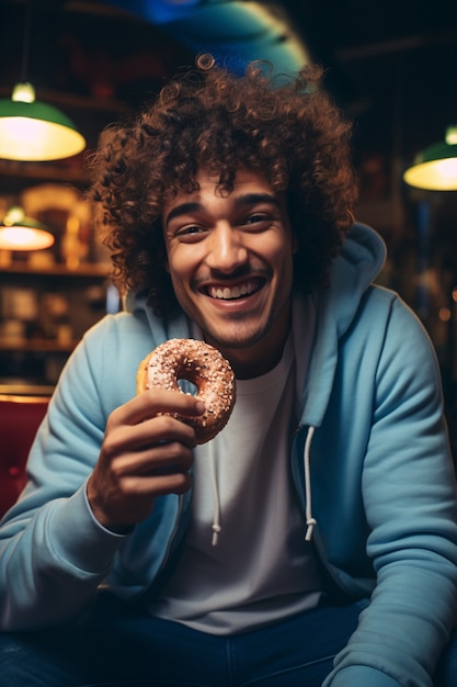 Foto gratuita hombre sosteniendo rosquilla vidriada y sonriendo