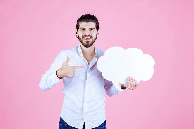 Hombre sosteniendo un tablero de ideas con forma de nube y apuntando a él.