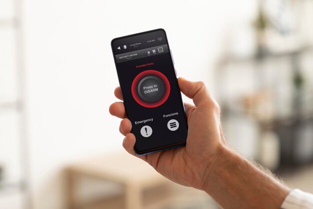 Hombre sosteniendo un teléfono inteligente con una aplicación de automatización del hogar