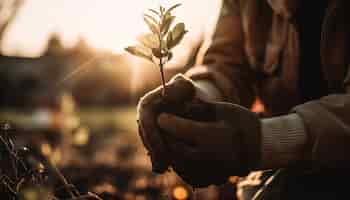 Foto gratuita un hombre sostiene plántulas recién plantadas que desarrollan un crecimiento generado por ia