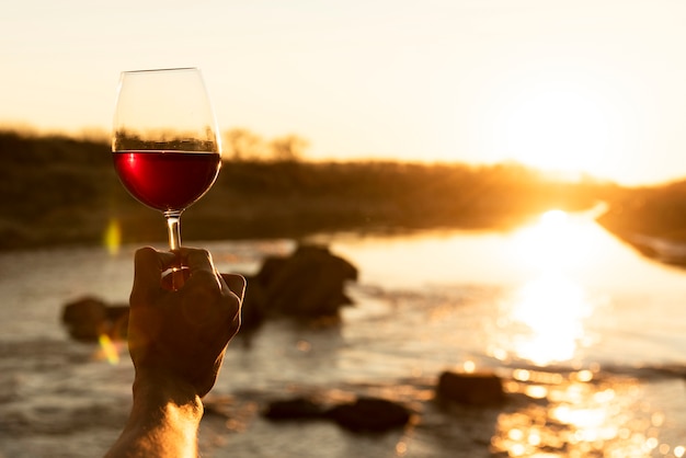 Hombre sujetando una copa de vino en la naturaleza