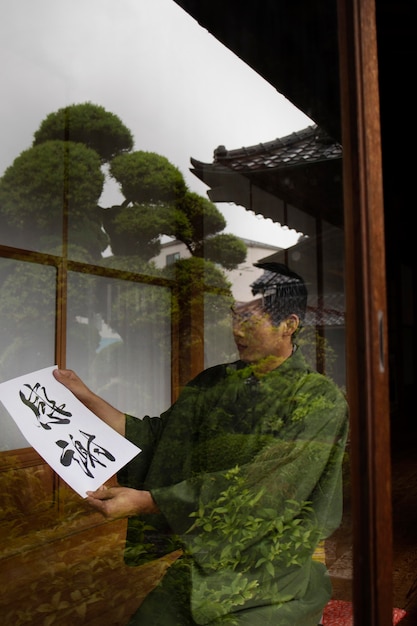 Hombre sujetando un papel con letra japonesa