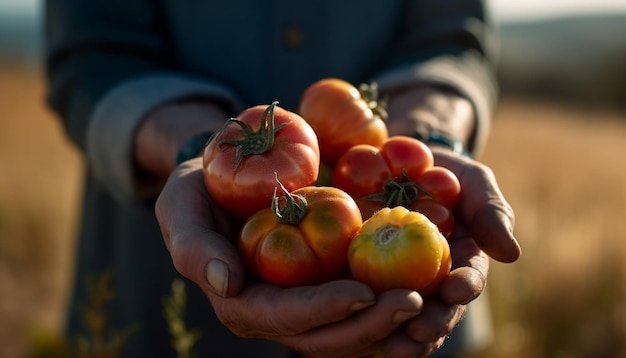 Hombre sujetando tomate maduro cosechando productos frescos generados por IA