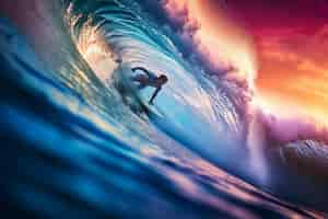 Foto gratuita un hombre surfeando atrapando una gran ola al atardecer