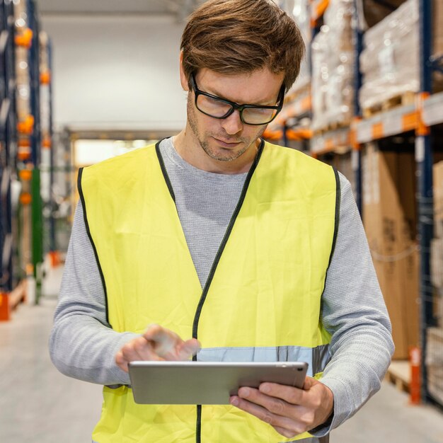 Hombre con tableta de trabajo logístico