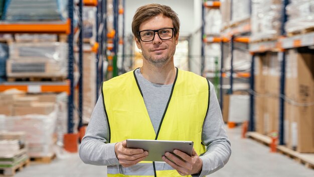 Hombre con tableta de trabajo logístico