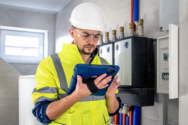 El hombre, un técnico eléctrico que trabaja en un cuadro de distribución con fusibles, usa una tableta