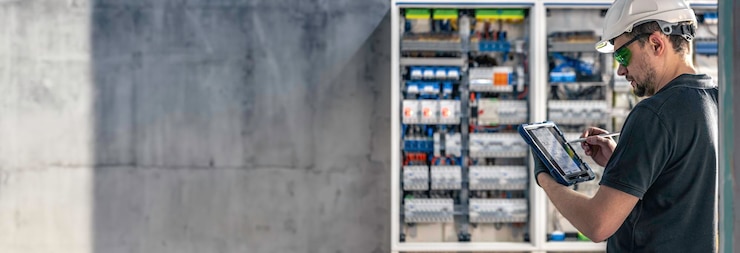 Foto gratuito hombre un técnico eléctrico trabajando en una central eléctrica con fusibles