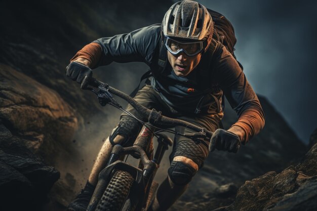 Hombre teniendo una experiencia aventurera mientras anda en bicicleta