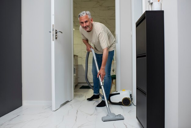 Hombre de tiro completo aspirando el piso