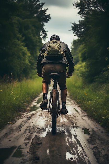 Hombre de tiro completo en bicicleta al aire libre