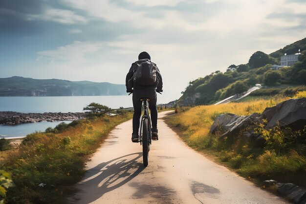 Hombre de tiro completo en bicicleta al aire libre