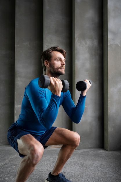 Hombre de tiro completo entrenando con pesas