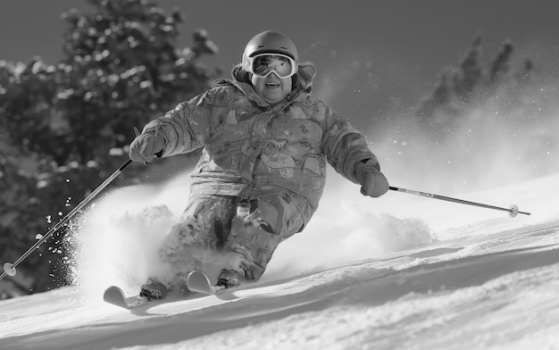 Hombre de tiro completo esquiando monocromático