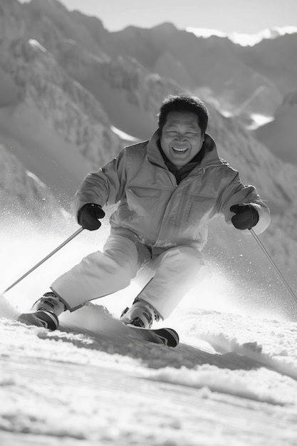 Foto gratuita hombre de tiro completo esquiando monocromático