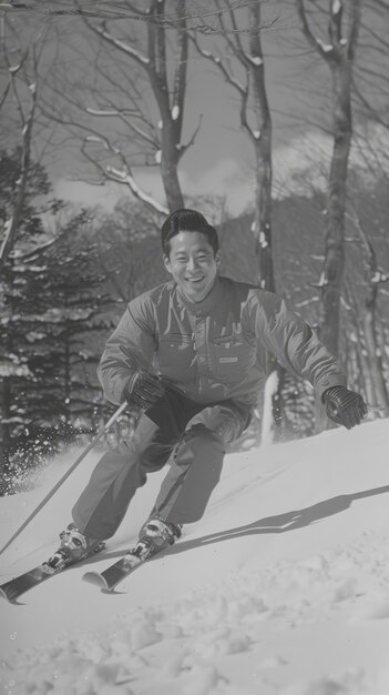 Hombre de tiro completo esquiando monocromático